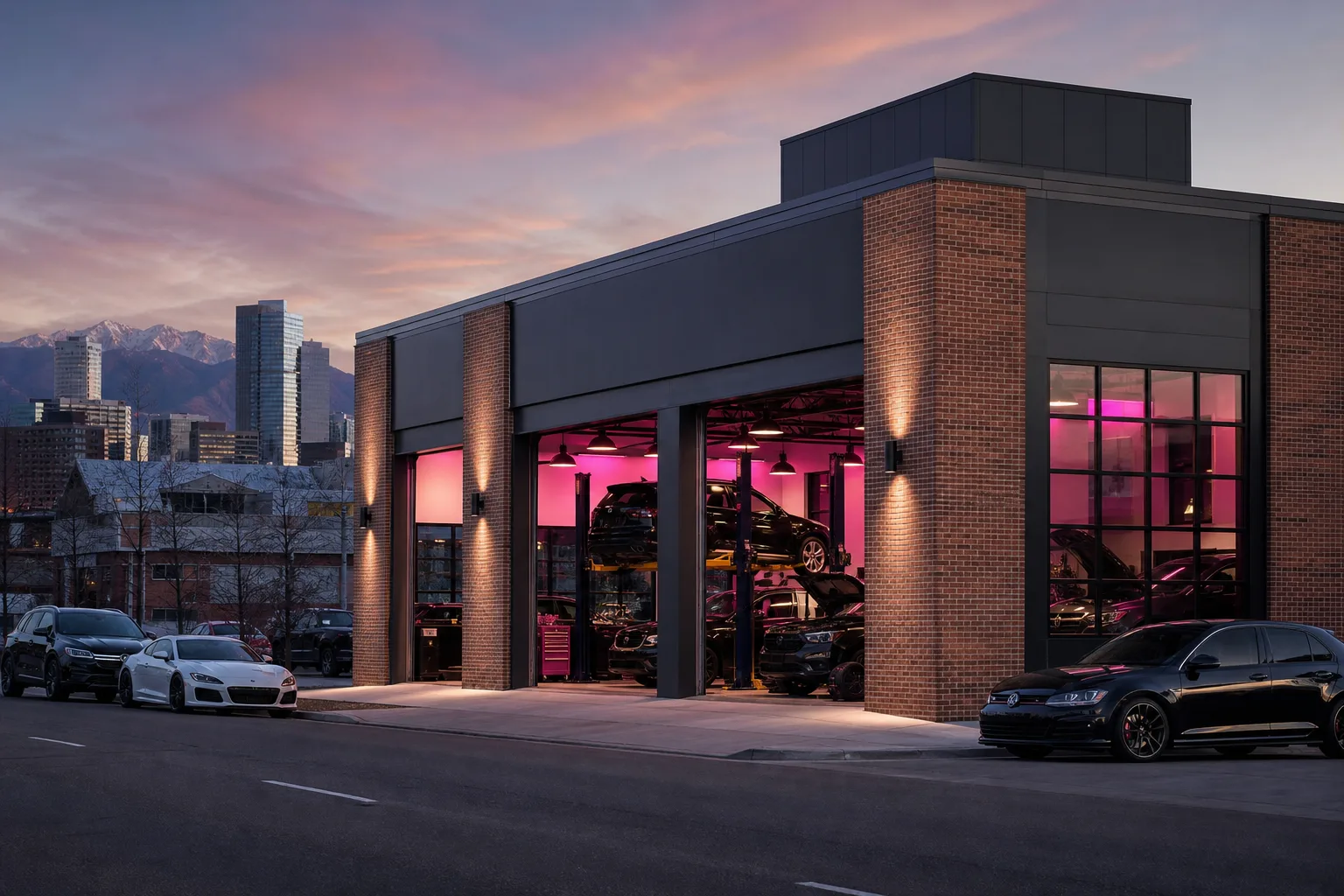 Exterior view of the xenolithoid automotive workshop on Lawrence Street in Denver, 1200x800
