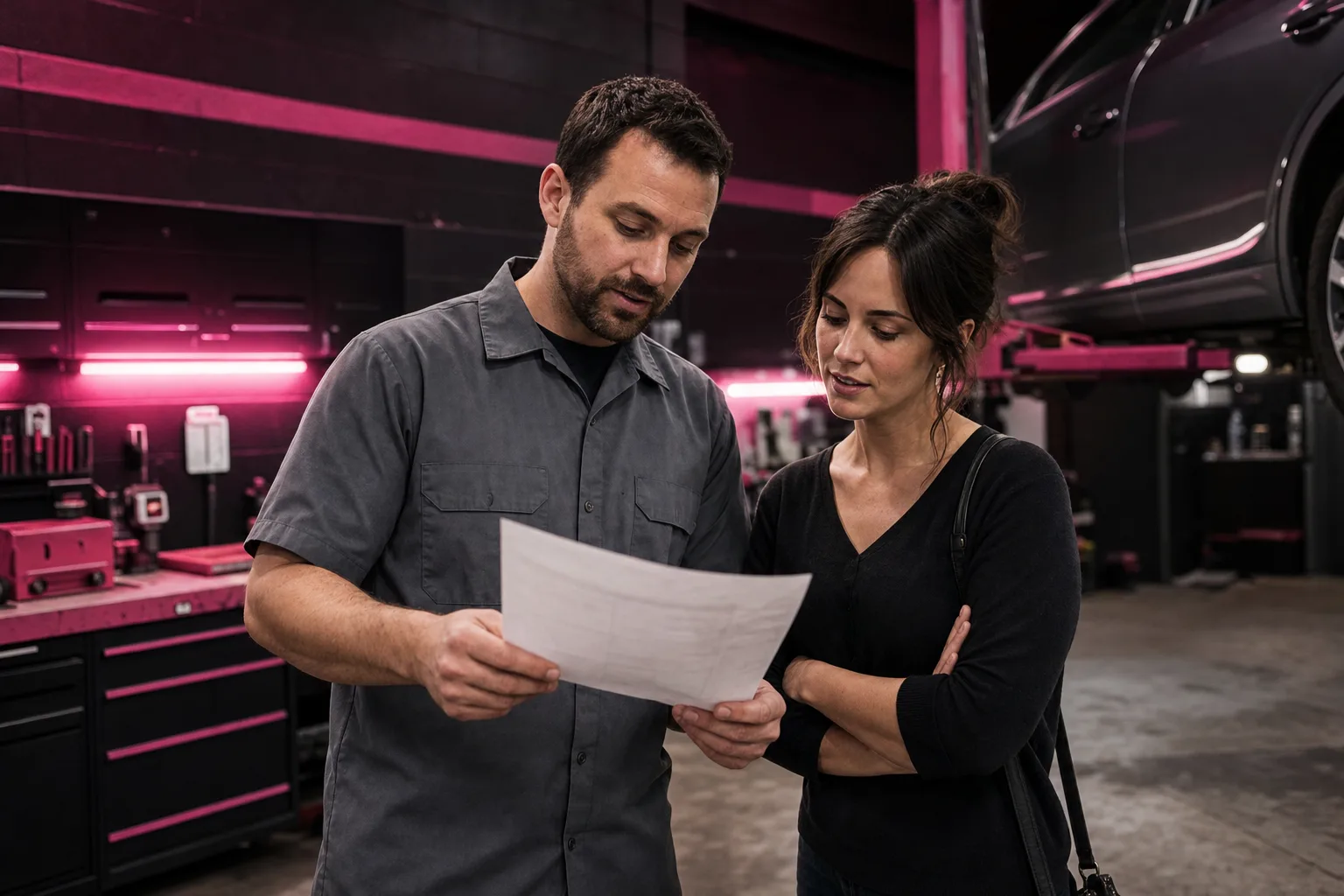 Automotive master technician reviewing a vehicle service order with the owner in a workshop bay, 1200x800