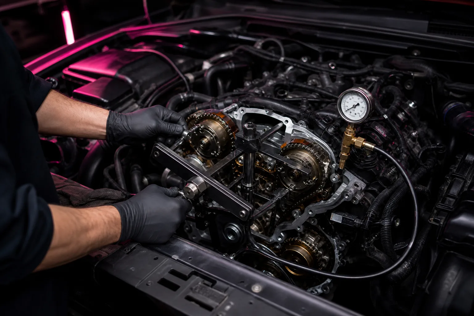 Engine bay view during cam phaser valve timing inspection with specialized tools, 1200x800