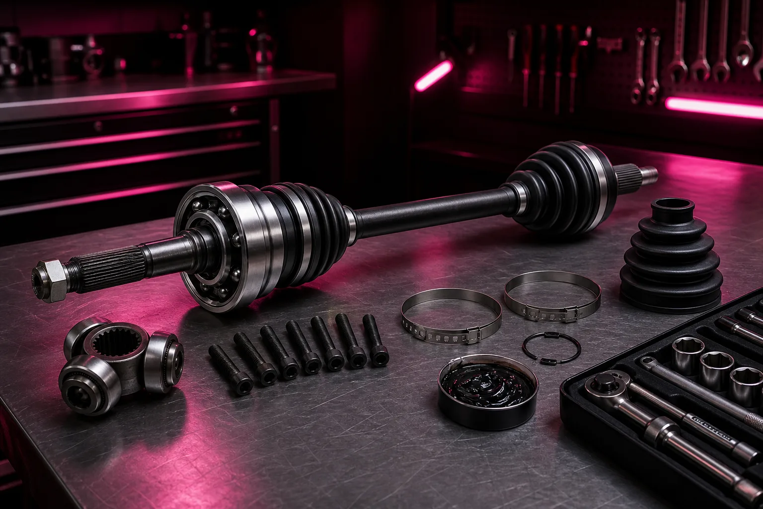 Half-shaft and CV joint assembly laid out on a workshop bench during drivetrain service, 1200x800