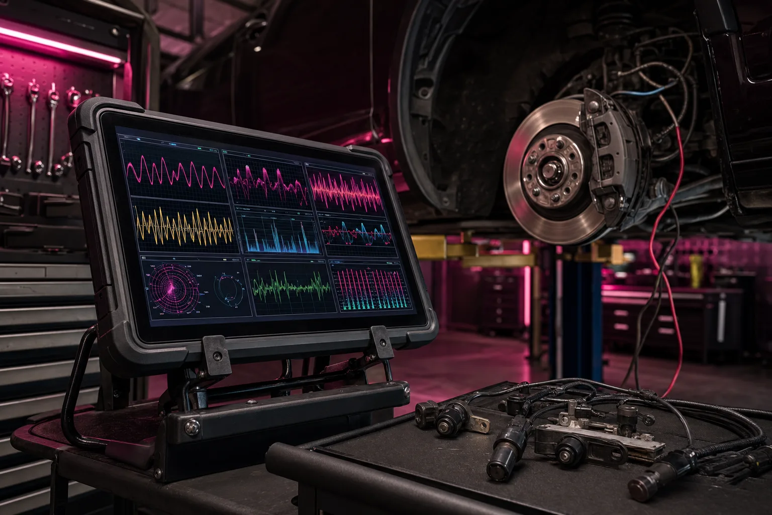 Diagnostic scan tool displaying electronic brake distribution sensor data on a workshop tablet, 1200x800