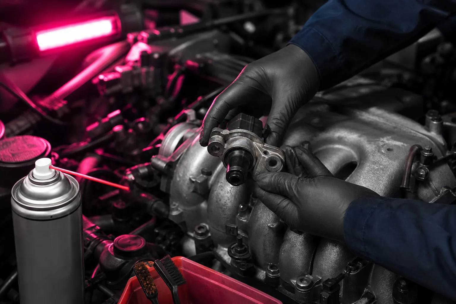 Technician inspecting an idle air control valve on an engine intake manifold, 1200x800