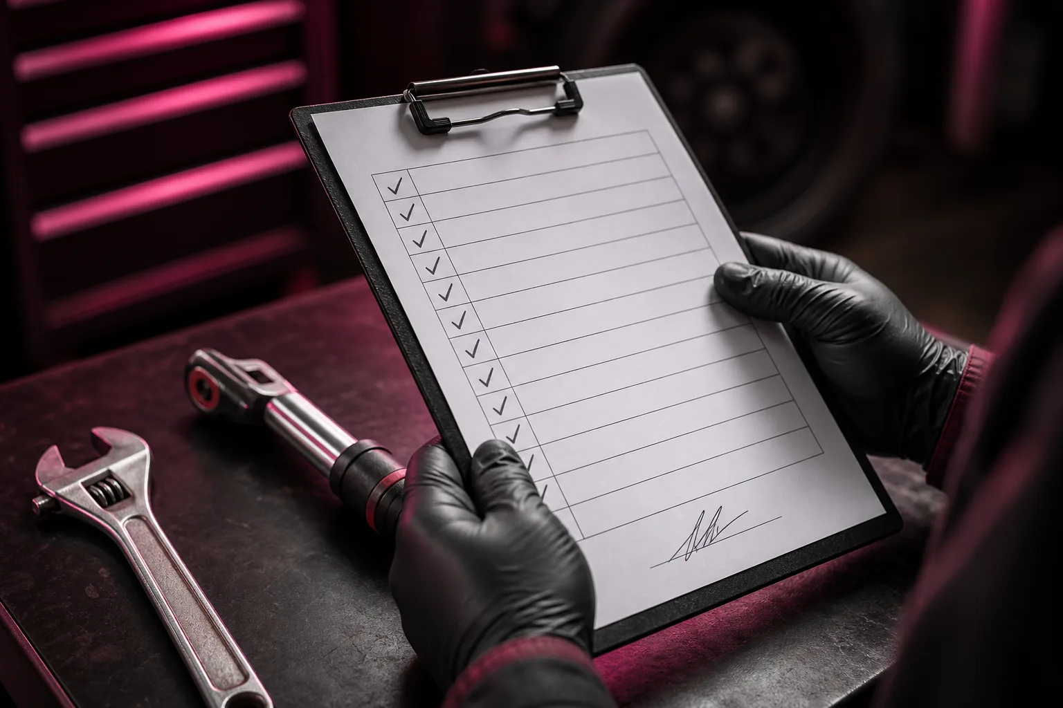 Close-up of a completed automotive work order with technician signature and inspection checklist, 1200x800